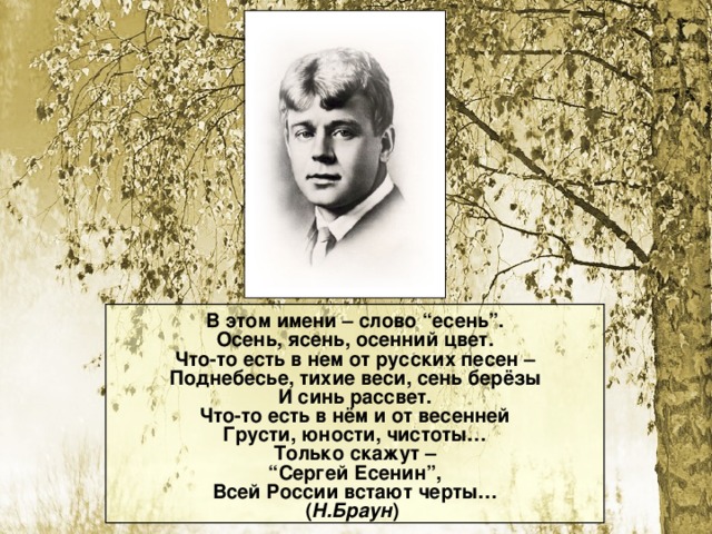 В этом имени – слово “есень”.  Осень, ясень, осенний цвет.  Что-то есть в нем от русских песен –  Поднебесье, тихие веси, сень берёзы  И синь рассвет.  Что-то есть в нём и от весенней  Грусти, юности, чистоты…  Только скажут –  “Сергей Есенин”,  Всей России встают черты…  ( Н.Браун )