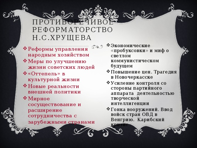 Противоречивое реформаторство Н.С.Хрущева Экономические «пробуксовки» и миф о светлом коммунистическом будущем Повышение цен. Трагедия в Новочеркасске Усиление контроля со стороны партийного аппарата деятельностью творческой интеллигенции Гонка вооружений. Ввод войск стран ОВД в Венгрию. Карибский кризис Реформы управления народным хозяйством Меры по улучшению жизни советских людей «Оттепель» в культурной жизни Новые реальности внешней политики Мирное сосуществование и расширение сотрудничества с зарубежными странами  