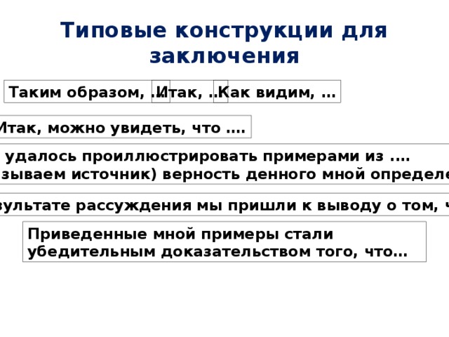 Типовые конструкции для заключения Таким образом, … Итак, … Как видим, … Итак, можно увидеть, что …. Мне удалось проиллюстрировать примерами из .… (указываем источник) верность денного мной определения В результате рассуждения мы пришли к выводу о том, что … Приведенные мной примеры стали убедительным доказательством того, что… 