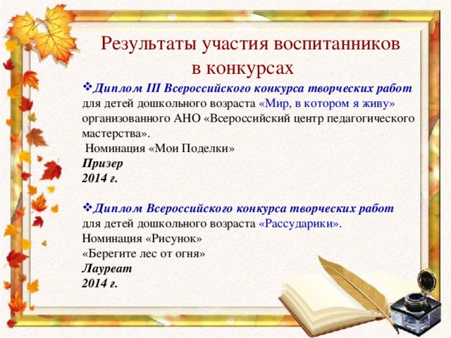   Результаты участия воспитанников  в конкурсах Диплом III Всероссийского конкурса творческих работ для детей дошкольного возраста «Мир, в котором я живу» организованного АНО «Всероссийский центр педагогического мастерства».  Номинация «Мои Поделки» Призер 2014 г. Диплом Всероссийского конкурса творческих работ для детей дошкольного возраста «Рассударики». Номинация «Рисунок» «Берегите лес от огня» Лауреат 2014 г. 