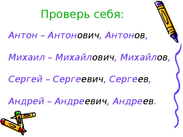 Проверь себя: Антон – Антон ович , Антон ов ,  Михаил – Михайл ович , Михайл ов ,  Сергей – Серге евич , Серге ев ,  Андрей – Андре евич , Андре ев .