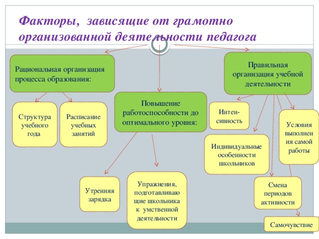 Факторы, зависящие от грамотно организованной деятельности педагога Правильная организация учебной деятельности Рациональная организация процесса образования: Повышение работоспособности до оптимального уровня: Структура учебного года Интен- Расписание учебных занятий сивность Условия выполнения самой работы Индивидуальные особенности школьников Упражнения, подготавливаю щие школьника к умственной деятельности Смена периодов активности Утренняя зарядка Самочувствие