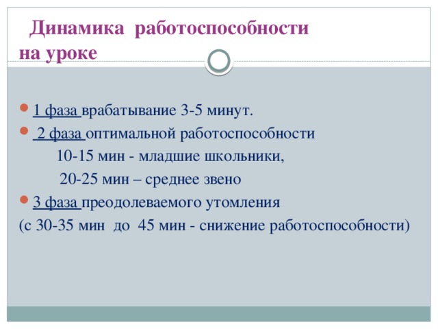 Динамика работоспособности  на уроке 1 фаза врабатывание 3-5 минут.  2 фаза оптимальной работоспособности  10-15 мин - младшие школьники,  20-25 мин – среднее звено 3 фаза преодолеваемого утомления (с 30-35 мин до 45 мин - снижение работоспособности)