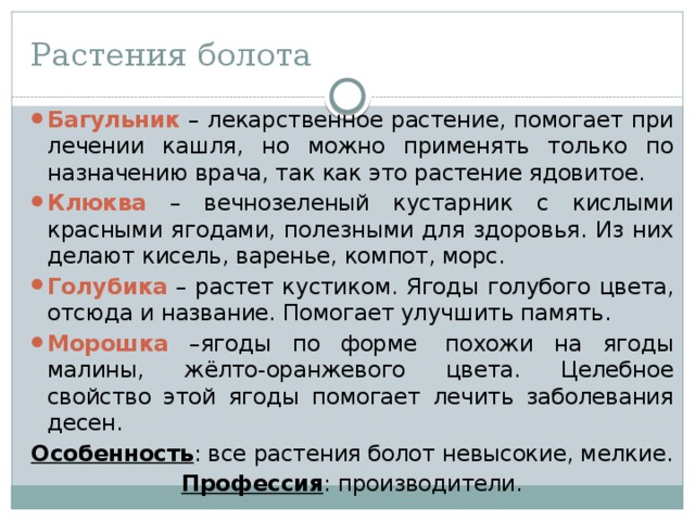 Растения болота Багульник – лекарственное растение, помогает при лечении кашля, но можно применять только по назначению врача, так как это растение ядовитое. Клюква – вечнозеленый кустарник с кислыми красными ягодами, полезными для здоровья. Из них делают кисель, варенье, компот, морс. Голубика – растет кустиком. Ягоды голубого цвета, отсюда и название. Помогает улучшить память. Морошка –ягоды по форме  похожи на ягоды малины, жёлто-оранжевого цвета. Целебное свойство этой ягоды помогает лечить заболевания десен. Особенность : все растения болот невысокие, мелкие. Профессия : производители. 