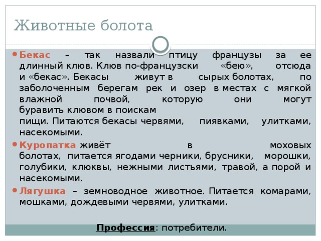 Животные болота Бекас  –  так  назвали птицу французы за ее длинный клюв. Клюв по-французски «бею», отсюда и «бекас». Бекасы  живут в сырых болотах, по заболоченным берегам рек и озер в местах с мягкой влажной почвой, которую они могут буравить клювом в поискам пищи. Питаются бекасы   червями,  пиявками, улитками, насекомыми. Куропатка   живёт в моховых болотах,    питается ягодами черники, брусники, морошки, голубики, клюквы, нежными листьями, травой, а порой и насекомыми. Лягушка  – земноводное животное.   Питается комарами, мошками, дождевыми червями, улитками. Профессия : потребители. 