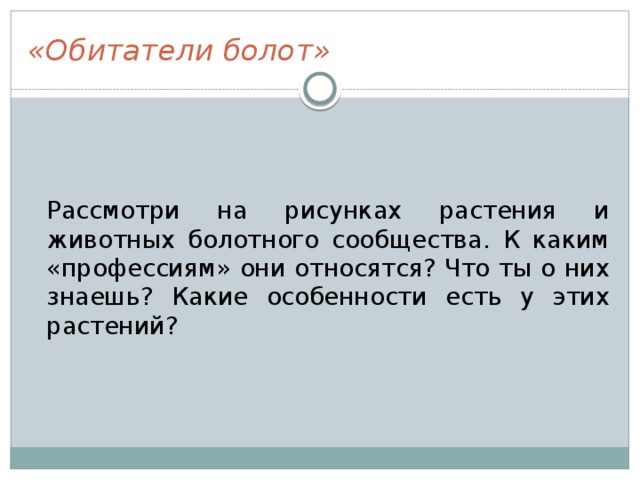 «Обитатели болот»  Рассмотри на рисунках растения и животных болотного сообщества. К каким «профессиям» они относятся? Что ты о них знаешь? Какие особенности есть у этих растений? 