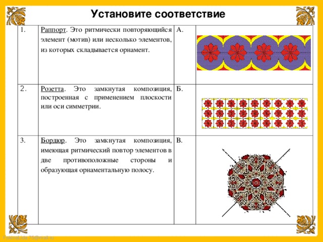 Установите соответствие 1. Раппорт . Это ритмически повторяющийся элемент (мотив) или несколько элементов, из которых складывается орнамент. 2. А. Розетта . Это замкнутая композиция, построенная с применением плоскости или оси симметрии. 3. Б. Бордюр . Это замкнутая композиция, имеющая ритмический повтор элементов в две противоположные стороны и образующая орнаментальную полосу. В. 