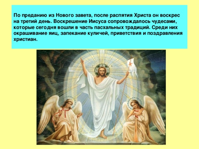  По преданию из Нового завета, после распятия Христа он воскрес на третий день. Воскрешение Иисуса сопровождалось чудесами, которые сегодня вошли в часть пасхальных традиций. Среди них окрашивание яиц, запекание куличей, приветствия и поздравления христиан.    