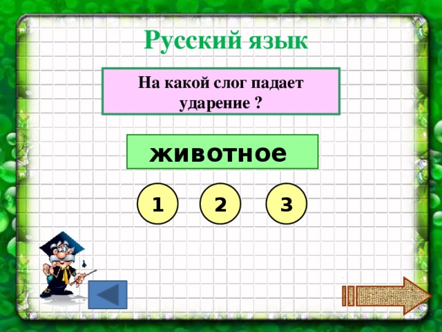 Русский язык На какой слог падает ударение ? животное 1 2 3 