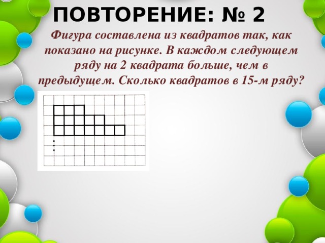 ПОВТОРЕНИЕ: № 2 Фигура составлена из квадратов так, как показано на рисунке. В каждом следующем ряду на 2 квадрата больше, чем в предыдущем. Сколько квадратов в 15-м ряду? 