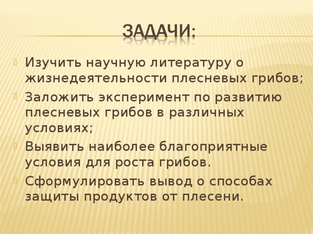 Изучить научную литературу о жизнедеятельности плесневых грибов; Заложить эксперимент по развитию плесневых грибов в различных условиях; Выявить наиболее благоприятные условия для роста грибов. Сформулировать вывод о способах защиты продуктов от плесени. 