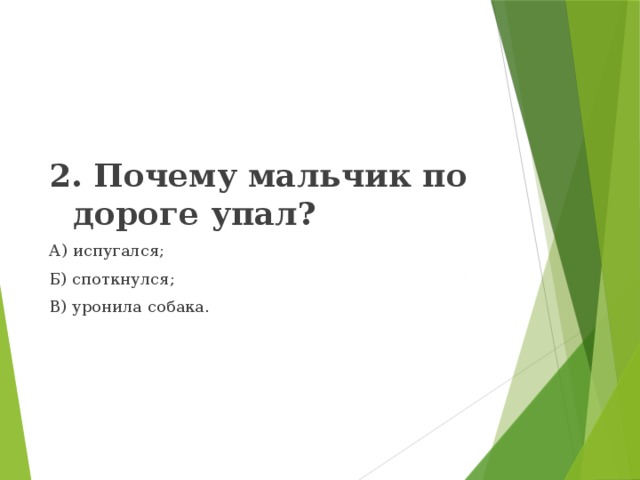 2. Почему мальчик по дороге упал? А) испугался; Б) споткнулся; В) уронила собака. 