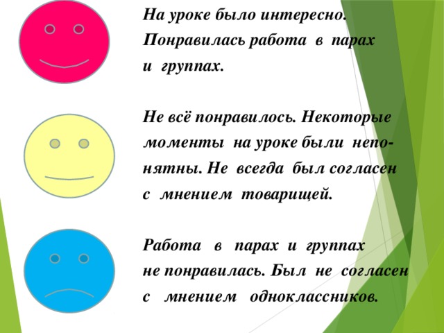 На уроке было интересно. Понравилась работа в парах и группах.  Не всё понравилось. Некоторые моменты на уроке были непо- нятны. Не всегда был согласен с мнением товарищей.  Работа в парах и группах не понравилась. Был не согласен с мнением одноклассников.    