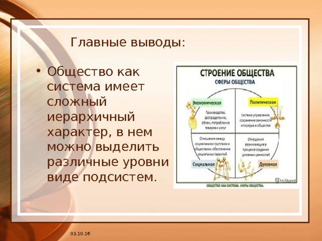 Главные выводы: Общество как система имеет сложный иерархичный характер, в нем можно выделить различные уровни в виде подсистем.  03.10.16 