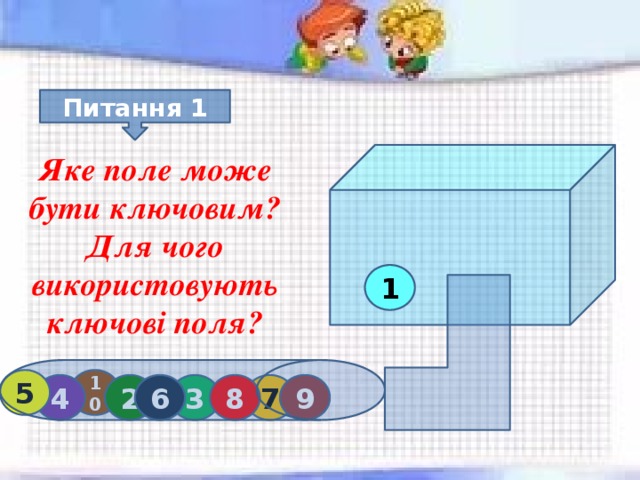 Питання 1 Яке поле може бути ключовим? Для чого використовують ключові поля? 1 10 5 2 3 4 6 7 9 8  