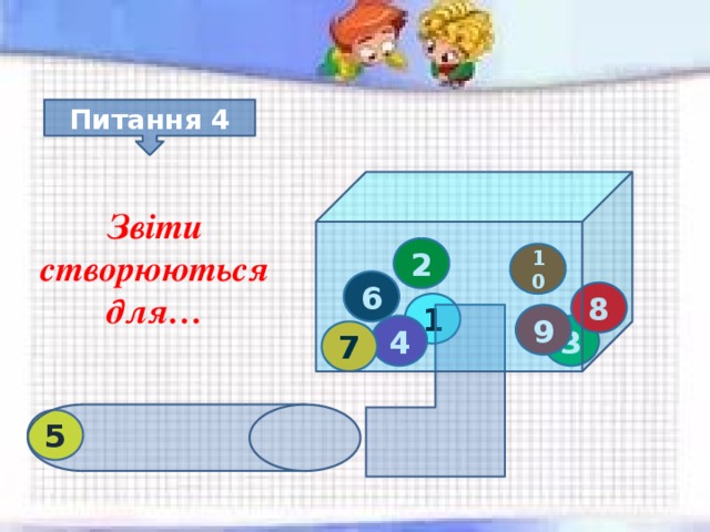 Питання 4 Звіти створюються для… 2 10 6 8 1 9 3 4 7 5 