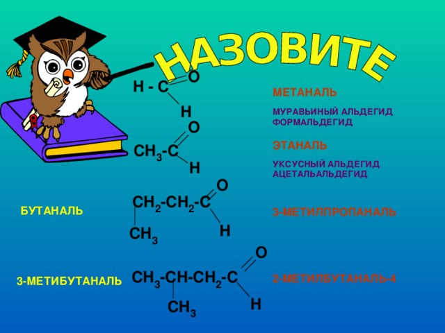 МЕТАНАЛЬ    ЭТАНАЛЬ     3-МЕТИЛПРОПАНАЛЬ     2-МЕТИЛБУТАНАЛЬ-4 МУРАВЬИНЫЙ АЛЬДЕГИД ФОРМАЛЬДЕГИД УКСУСНЫЙ АЛЬДЕГИД АЦЕТАЛЬАЛЬДЕГИД БУТАНАЛЬ 3-МЕТИБУТАНАЛЬ 