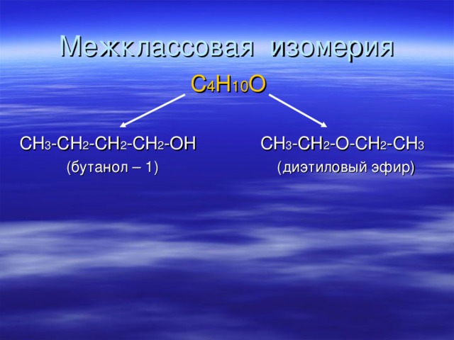 Межклассовая изомерия C 4 H 10 O CH 3 -CH 2 -CH 2 -CH 2 -OH CH 3 -CH 2 -O-CH 2 -CH 3    (бутанол – 1) (диэтиловый эфир) 