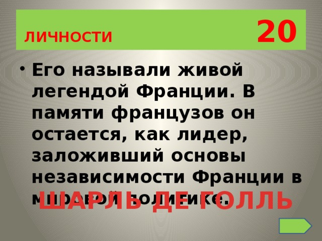 ЛИЧНОСТИ 20 Его называли живой легендой Франции. В памяти французов он остается, как лидер, заложивший основы независимости Франции в мировой политике. ШАРЛЬ ДЕ ГОЛЛЬ 