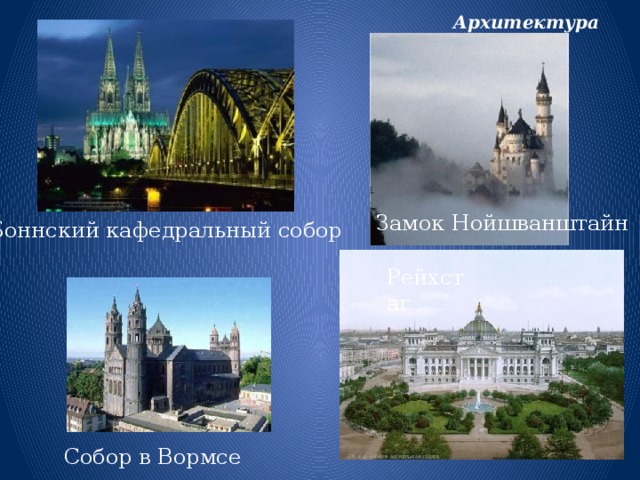 Архитектура  Замок Нойшванштайн Боннский кафедральный собор Рейхстаг Собор в Вормсе 