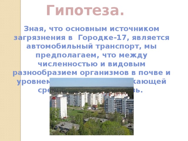 Гипотеза. Зная, что основным источником загрязнения в Городке-17, является автомобильный транспорт, мы предполагаем, что между численностью и видовым разнообразием организмов в почве и уровнем загрязнения окружающей среды есть взаимосвязь.  