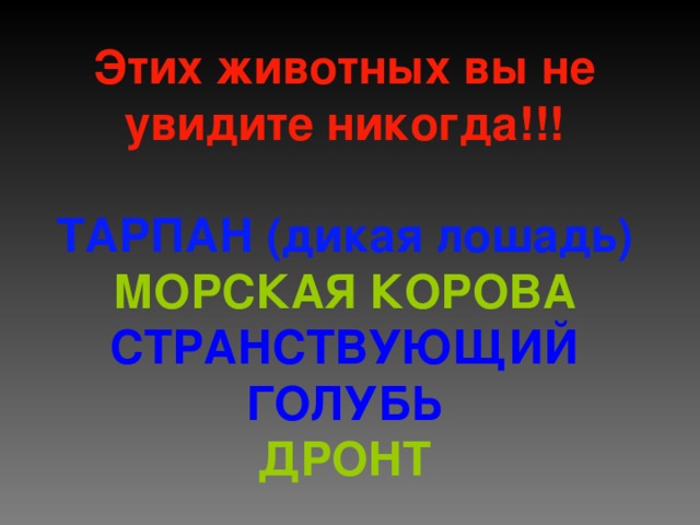 Этих животных вы не увидите никогда!!!  ТАРПАН (дикая лошадь) МОРСКАЯ КОРОВА СТРАНСТВУЮЩИЙ ГОЛУБЬ ДРОНТ 