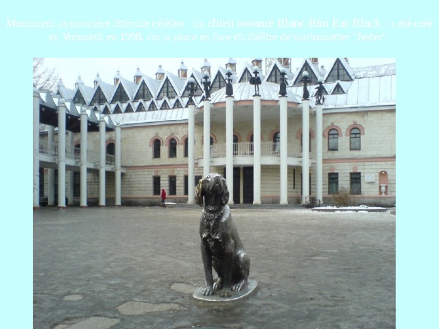 Monument au caractère littéraire célèbre - un chien nommé Blanc Bim Ear Black - a été créé en Voronezh en 1998, sur la place en face du théâtre de marionnettes 