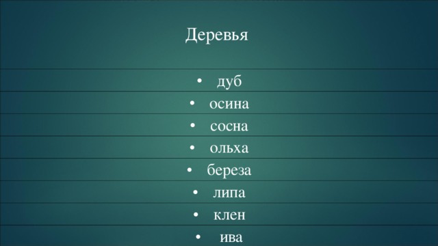   Деревья  дуб осина сосна ольха береза липа клен   ива  
