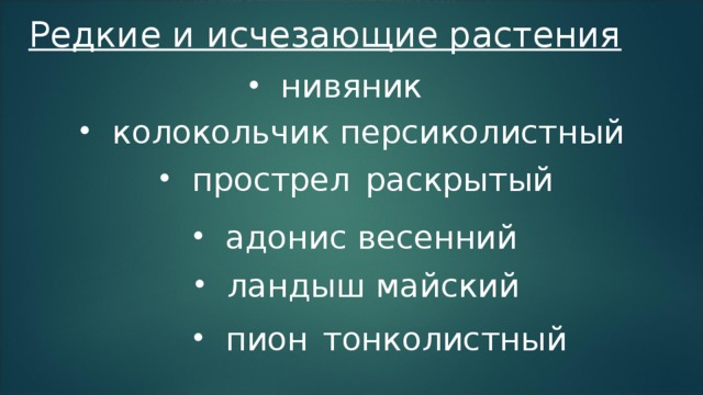Редкие и исчезающие растения нивяник колокольчик персиколистный прострел  раскрытый адонис весенний ландыш майский пион  тонколистный  