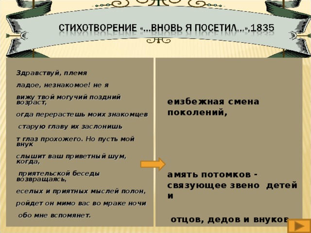 Здравствуй, племя Младое, незнакомое! не я Увижу твой могучий поздний возраст, Когда перерастешь моих знакомцев И старую главу их заслонишь От глаз прохожего. Но пусть мой внук Услышит ваш приветный шум, когда, С приятельской беседы возвращаясь, Веселых и приятных мыслей полон, Пройдет он мимо вас во мраке ночи И обо мне вспомянет.   Неизбежная смена поколений,    Память потомков - связующее звено детей и и отцов, дедов и внуков