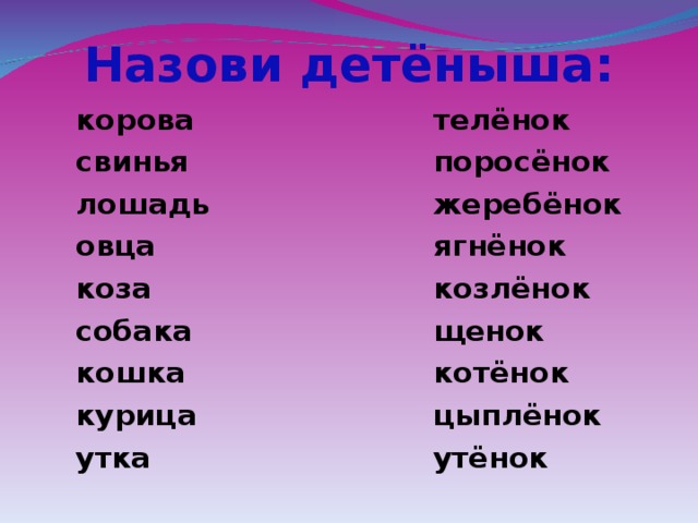 Назови детёныша: корова свинья лошадь овца коза собака кошка курица утка  телёнок поросёнок жеребёнок ягнёнок козлёнок щенок котёнок цыплёнок утёнок 