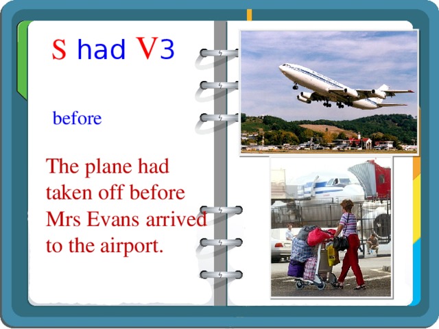 S had V 3 before The plane had taken off before Mrs Evans arrived to the airport. 