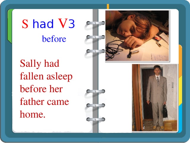 S had V 3 before Sally had fallen asleep before her father came home. 