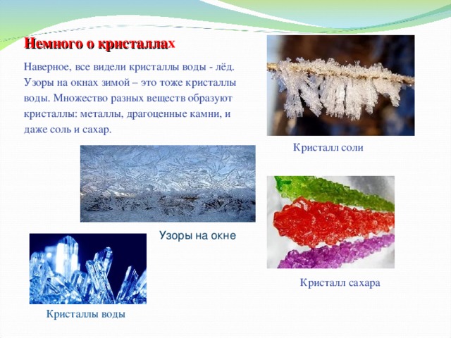 Немного о кристалла х Наверное, все видели кристаллы воды - лёд. Узоры на окнах зимой – это тоже кристаллы воды. Множество разных веществ образуют кристаллы: металлы, драгоценные камни, и даже соль и сахар. Кристалл соли Узоры на окне Кристалл сахара Кристаллы воды 