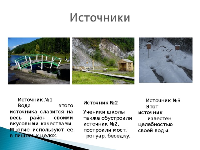 Источник №1 Вода этого источника славится на весь район своими вкусовыми качествами. Многие используют ее в пищевых целях. Источник №3 Этот источник известен целебностью своей воды. Источник №2 Ученики школы также обустроили источник №2, построили мост, тротуар, беседку.