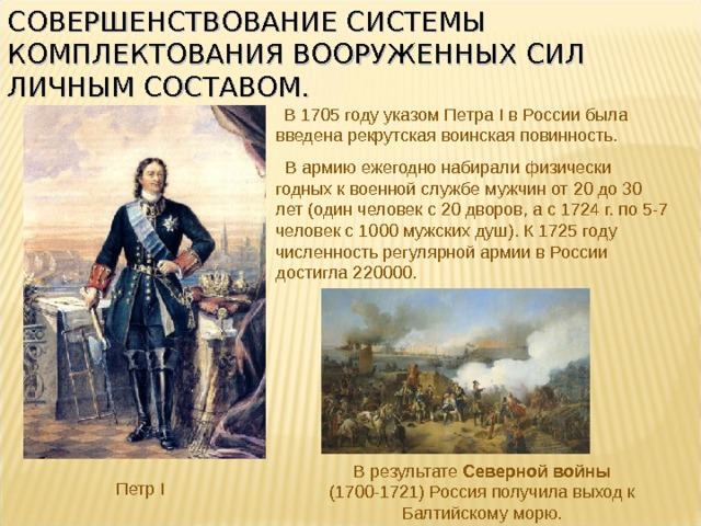 СОВЕРШЕНСТВОВАНИЕ СИСТЕМЫ КОМПЛЕКТОВАНИЯ ВООРУЖЕННЫХ СИЛ ЛИЧНЫМ СОСТАВОМ.  В 1705 году указом Петра I в России была введена рекрутская воинская повинность.  В армию ежегодно набирали физически годных к военной службе мужчин от 20 до 30 лет (один человек с 20 дворов, а с 1724 г. по 5-7 человек с 1000 мужских душ). К 1725 году численность регулярной армии в России достигла 220000. В результате Северной  войны (1700-1721) Россия получила выход к Балтийскому морю. Петр I 