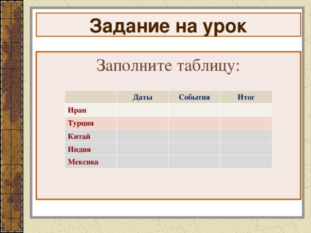 Заполнить таблицу дата событие