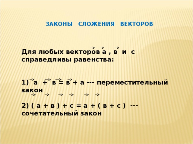 ЗАКОНЫ СЛОЖЕНИЯ ВЕКТОРОВ Для любых векторов а , в и с справедливы равенства:   1) а + в = в + а --- переместительный закон  2) ( а + в ) + с = а + ( в + с ) --- сочетательный закон 