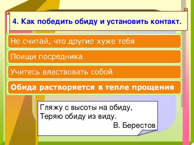 4. Как победить обиду и установить контакт. Гляжу с высоты на обиду,  Теряю обиду из виду.  В. Берестов 