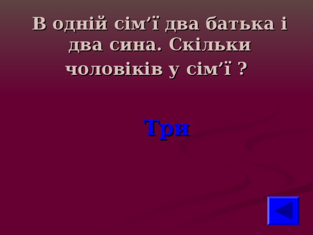 В одній сім’ї два батька і два сина. Скільки чоловіків у сім’ї ?  Три 