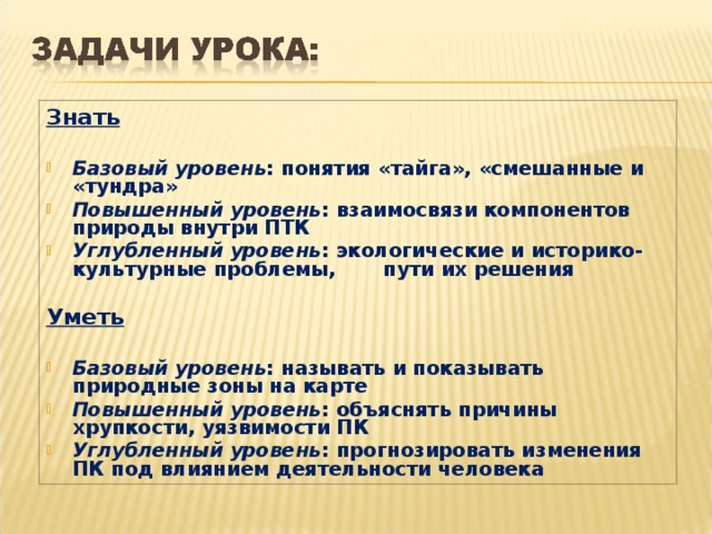 Знать  Базовый уровень : понятия «тайга», «смешанные и «тундра» Повышенный уровень : взаимосвязи компонентов природы внутри ПТК Углубленный уровень : экологические и историко-культурные проблемы, пути их решения  Уметь  Базовый уровень : называть и показывать природные зоны на карте Повышенный уровень : объяснять причины хрупкости, уязвимости ПК Углубленный уровень : прогнозировать изменения ПК под влиянием деятельности человека  