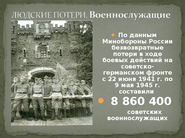 По данным Минобороны России безвозвратные потери в ходе боевых действий на советско-германском фронте с 22 июня 1941 г. по 9 мая 1945 г. составили  8 860 400  советских военнослужащих 