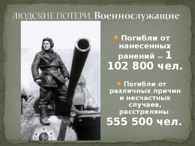 Погибли от нанесенных ранений — 1 102 800 чел.  Погибли от различных причин и несчастных случаев, расстреляны  555 500 чел. 