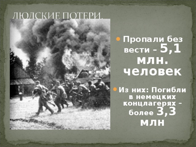 Пропали без вести – 5,1 млн. человек  Из них: Погибли в немецких концлагерях – более 3,3 млн 