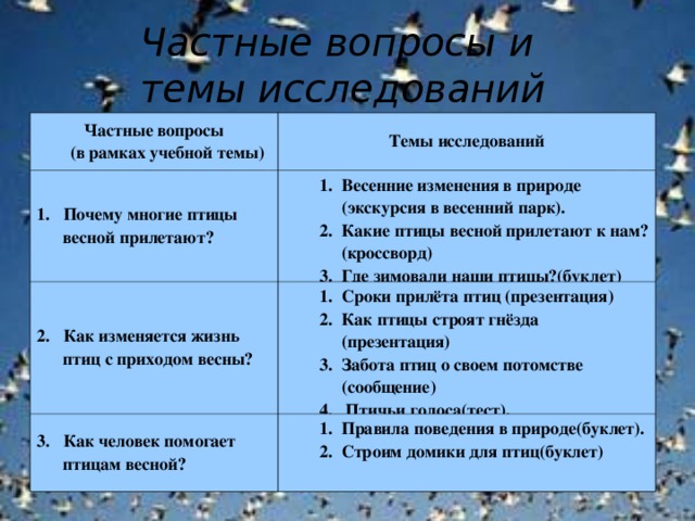 Частные вопросы и  темы исследований Частные вопросы  (в рамках учебной темы) Темы исследований 1. Почему многие птицы весной прилетают? Весенние изменения в природе (экскурсия в весенний парк). Какие птицы весной прилетают к нам?(кроссворд) Где зимовали наши птицы?(буклет) Весенние изменения в природе (экскурсия в весенний парк). Какие птицы весной прилетают к нам?(кроссворд) Где зимовали наши птицы?(буклет) 2. Как изменяется жизнь птиц с приходом весны? Сроки прилёта птиц (презентация) Как птицы строят гнёзда (презентация) Сроки прилёта птиц (презентация) Как птицы строят гнёзда (презентация) 3. Как человек помогает птицам весной? 3. Забота птиц о своем потомстве (сообщение) 4. Птичьи голоса(тест).