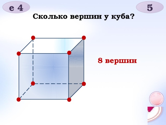 5 е 4 Сколько вершин у куба? 8 вершин