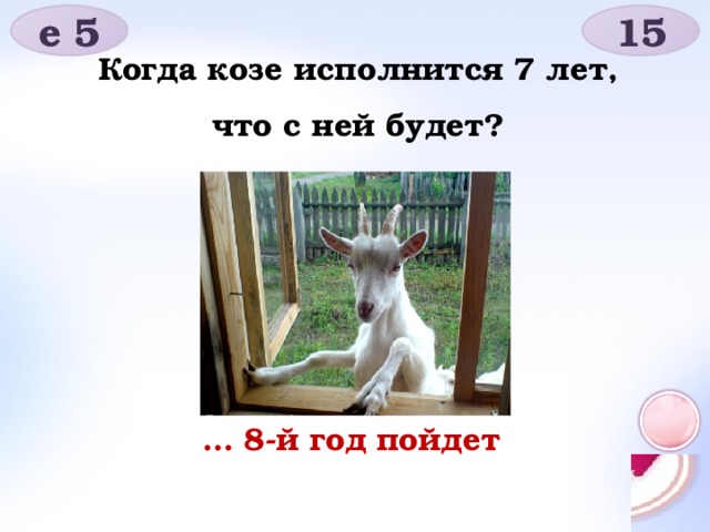 е 5 15 Когда козе исполнится 7 лет, что с ней будет? … 8-й год пойдет