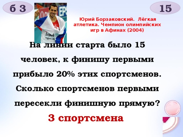 б 3 15  Юрий Борзаковский. Лёгкая атлетика. Чемпион олимпийских игр в Афинах (2004) На линии старта было 15 человек, к финишу первыми прибыло 20% этих спортсменов. Сколько спортсменов первыми пересекли финишную прямую? 3 спортсмена