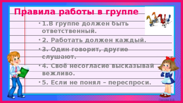 Правила работы в группе 1.В группе должен быть ответственный. 2. Работать должен каждый. 3. Один говорит, другие слушают. 4. Своё несогласие высказывай вежливо. 5. Если не понял – переспроси. 