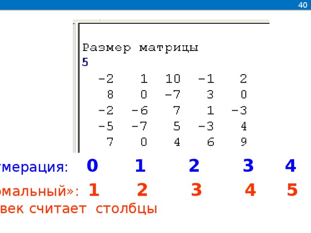 40  Нумерация: 0 1 2 3 4 «Нормальный»: 1 2 3 4 5 человек считает столбцы